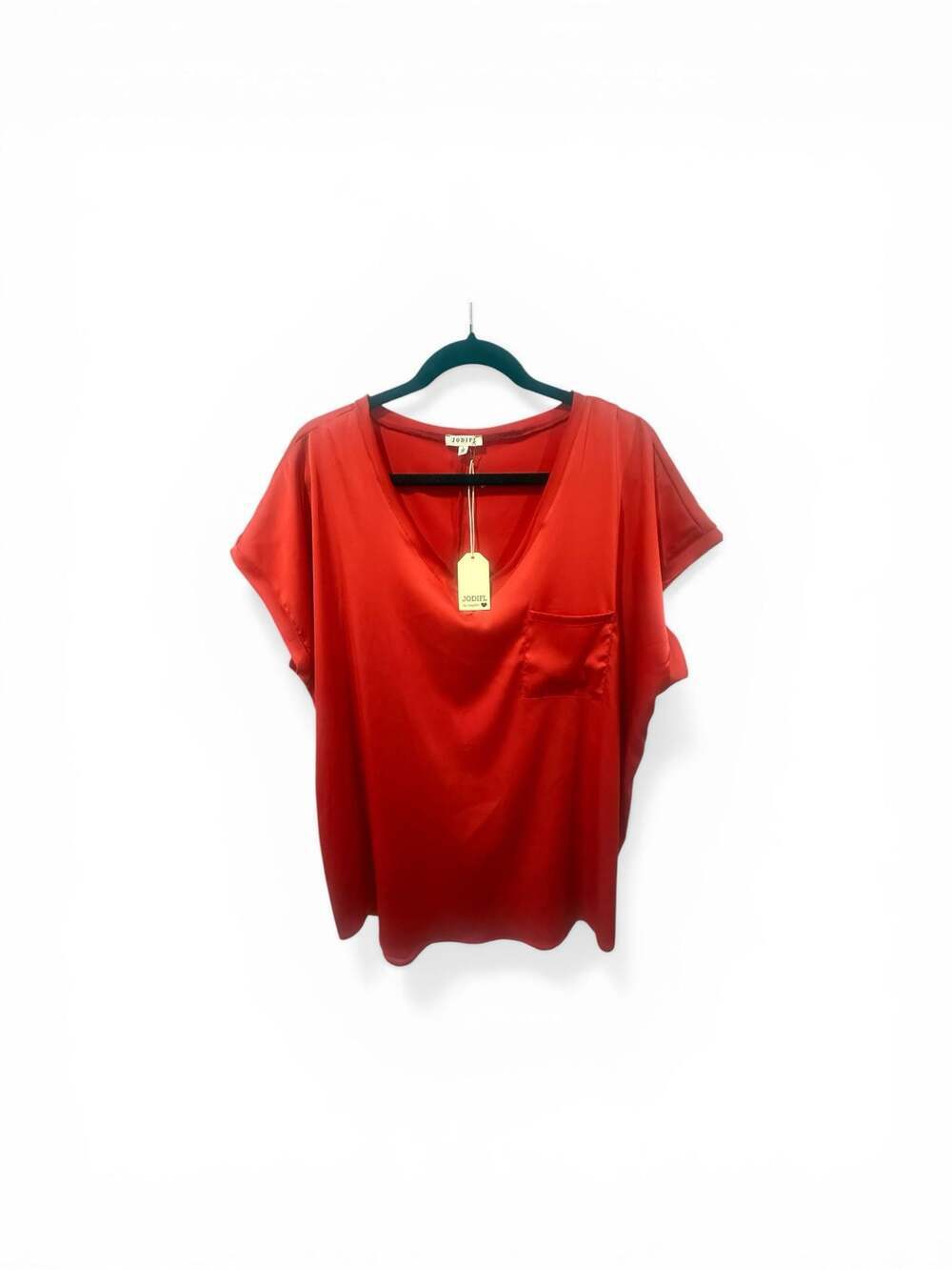 Jodifl Red Satin V-Neck Pocket Short Sleeve Top Size L